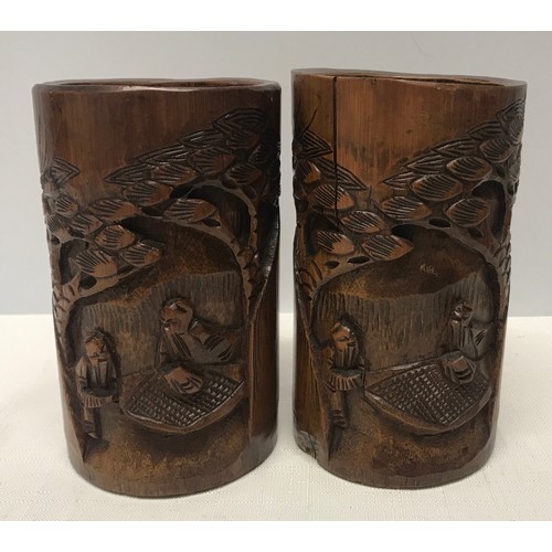 1055 - A pair of Japanese craved bamboo brush pots, 14cm h x 8cm w.