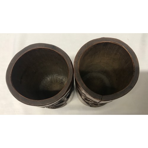 1055 - A pair of Japanese craved bamboo brush pots, 14cm h x 8cm w.