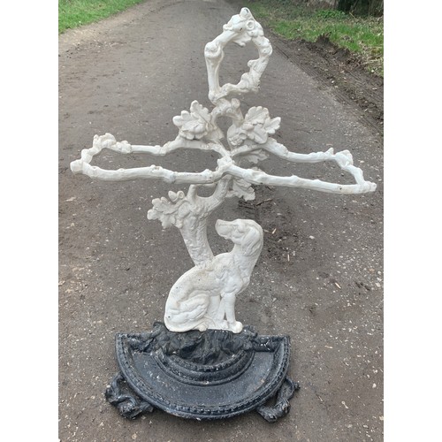 1057 - A painted cast iron stick stand of gundog and oak tree.
70cms h x 41cms w.