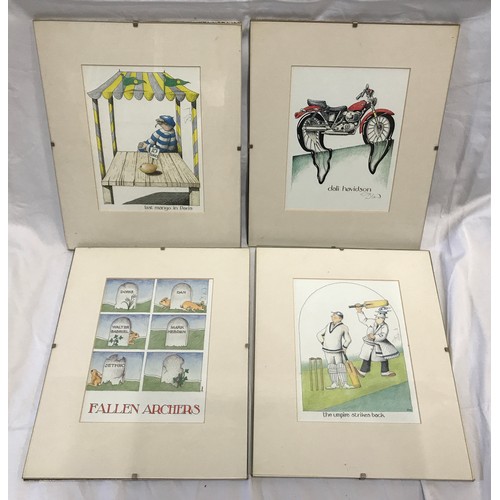 1252 - A set of four Simon Drew humorous signed prints: Last Mango in Paris, Dali Havidson, Fallen Archers ... 
