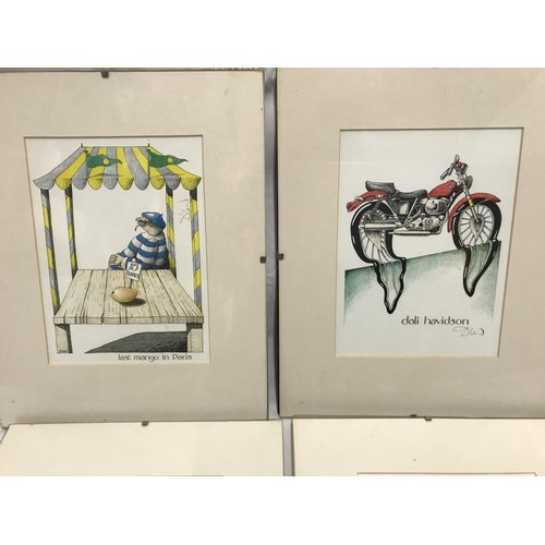 1252 - A set of four Simon Drew humorous signed prints: Last Mango in Paris, Dali Havidson, Fallen Archers ... 