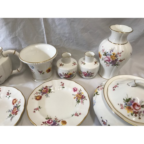12 - Royal Crown Derby bone china, Derby Posies tea/dinner ware and vases. 38 pieces: 4 jugs,6 cups,8 sau... 