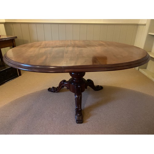 1492 - A 19thC mahogany tiptop dining table. 136 w x 166 l x 76cms h.