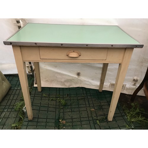 1502 - A painted pine table with single drawer and formica top and square tapered legs. 85 w x 52 d x 77cms... 