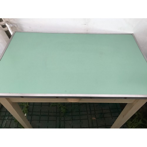 1502 - A painted pine table with single drawer and formica top and square tapered legs. 85 w x 52 d x 77cms... 