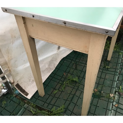 1502 - A painted pine table with single drawer and formica top and square tapered legs. 85 w x 52 d x 77cms... 