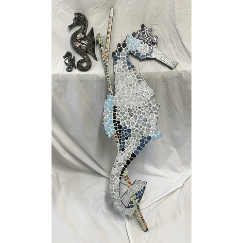 1518 - A large wall mounted mosaic seahorse 117cms h together with two small Shellart seahorse figures 29cm... 