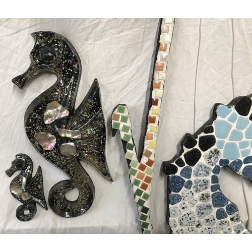 1518 - A large wall mounted mosaic seahorse 117cms h together with two small Shellart seahorse figures 29cm... 