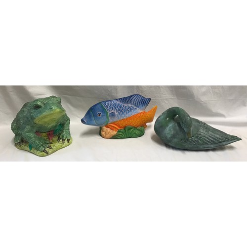 1519 - Large garden ornaments, pottery made toad 25cms h, fish 21cms h x 41cm l and a goose 19cm h x 37cm l... 