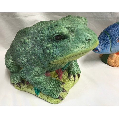 1519 - Large garden ornaments, pottery made toad 25cms h, fish 21cms h x 41cm l and a goose 19cm h x 37cm l... 