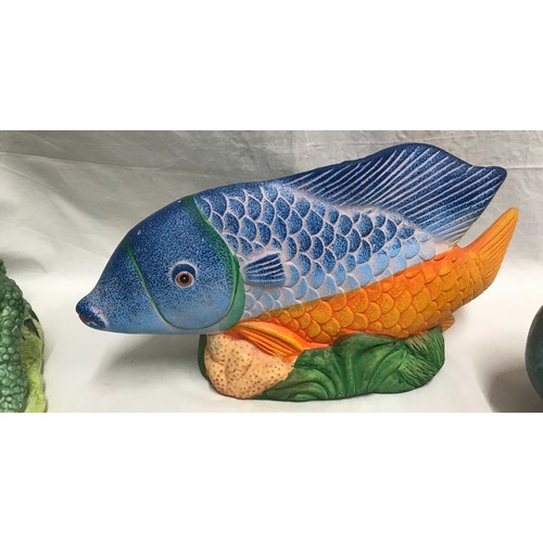 1519 - Large garden ornaments, pottery made toad 25cms h, fish 21cms h x 41cm l and a goose 19cm h x 37cm l... 