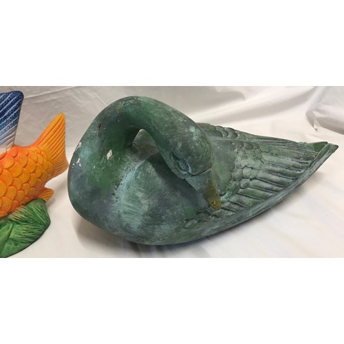 1519 - Large garden ornaments, pottery made toad 25cms h, fish 21cms h x 41cm l and a goose 19cm h x 37cm l... 