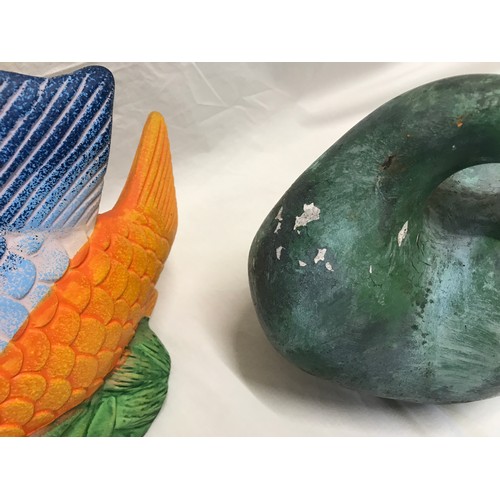 1519 - Large garden ornaments, pottery made toad 25cms h, fish 21cms h x 41cm l and a goose 19cm h x 37cm l... 