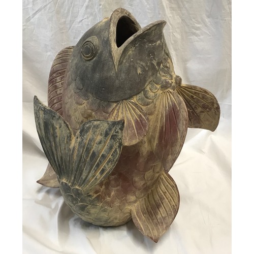 1522 - Large terracotta garden pond feature leaping carp approx 43cms h.