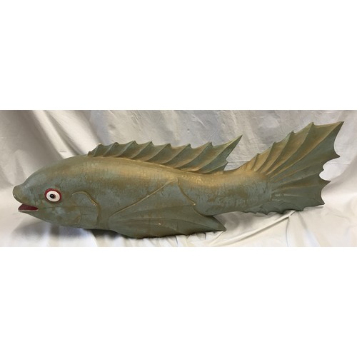 1523 - Large solid carved wood gilt painted fish ornament garden feature, approx 100cm l.