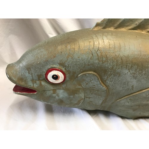 1523 - Large solid carved wood gilt painted fish ornament garden feature, approx 100cm l.