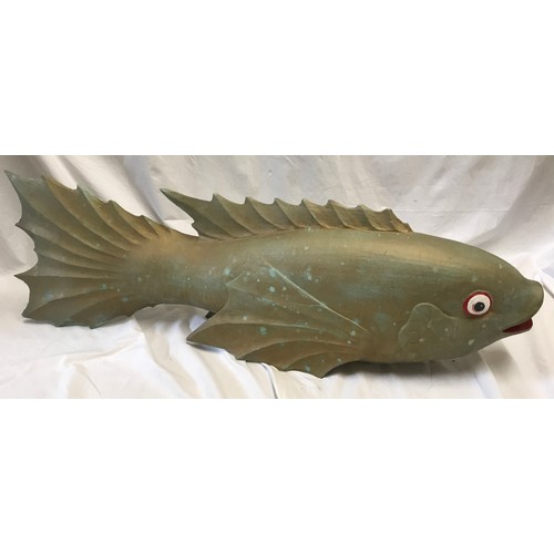 1523 - Large solid carved wood gilt painted fish ornament garden feature, approx 100cm l.