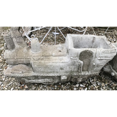 1537 - A concrete garden ornament/planter train engine and tender. Engine 72cms l x 40cms h. Tender 50cms l... 