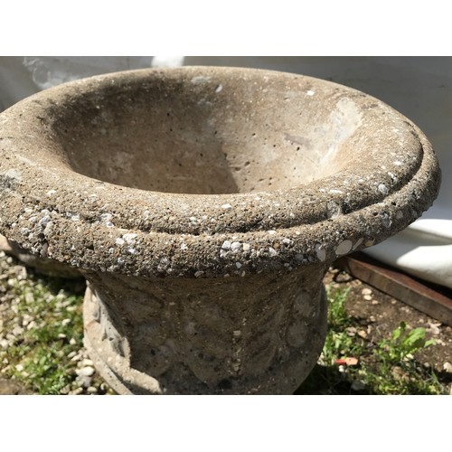 1542 - Concrete garden urn with leaf pattern to sides 52cms h x 44cms w.