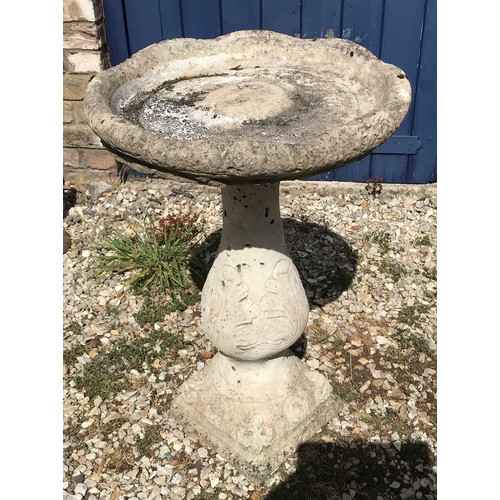 1544 - Concrete bird bath with leaf decorated pedestal 72cms h x 46cms d.