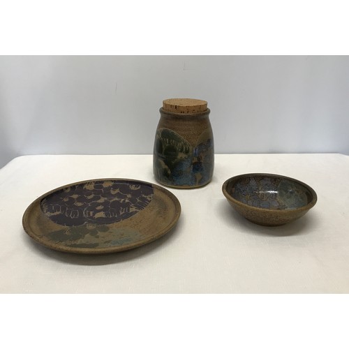 47 - A 3 piece collection of studio pottery with purple and green glazed design to include a biscuit barr... 