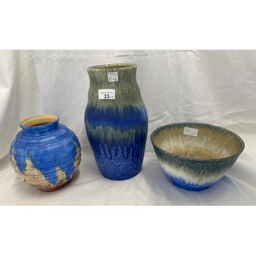 33 - A Ruskin Pottery crystalline vase and bowl decorated in shades of blue. Vase marked to base Ruskin E... 