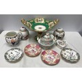 Pottery selection to include green and gilt centrepiece with painted panels 21cms d, 2 x Chinese gin... 