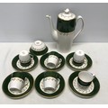 A Spode green Velvet pattern coffee set. Incudes coffee pot, sugar bowl, 6 cups, 6 saucers.