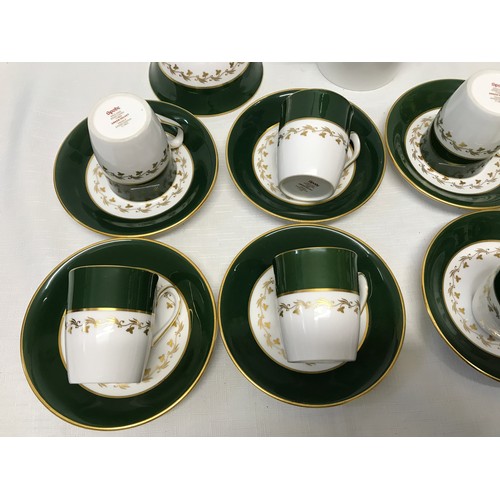 4 - A Spode green Velvet pattern coffee set. Incudes coffee pot, sugar bowl, 6 cups, 6 saucers.