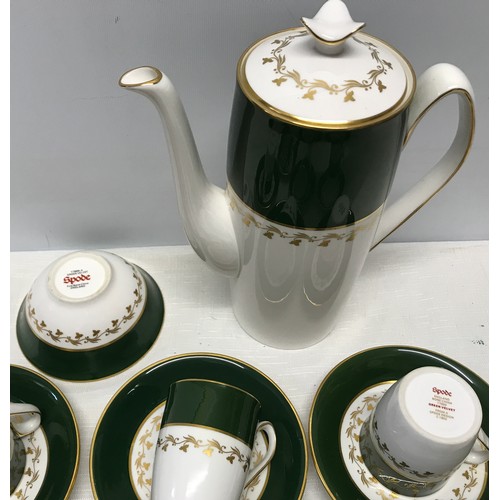 4 - A Spode green Velvet pattern coffee set. Incudes coffee pot, sugar bowl, 6 cups, 6 saucers.