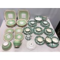 Two part tea sets. Copeland Grosvenor China green and gilt comprising 2 cake plates 24cms, 12 side p... 