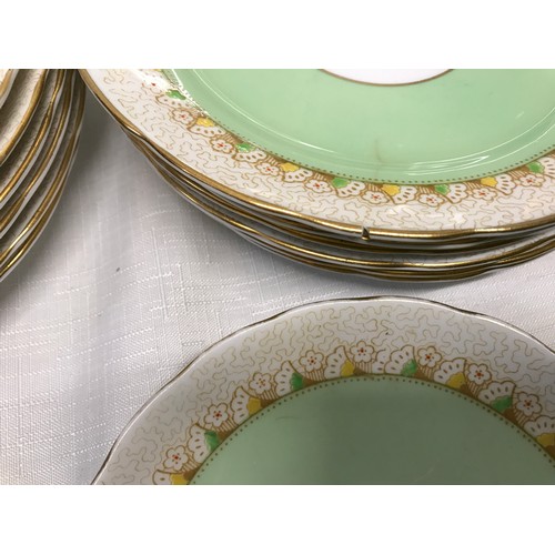 6 - Two part tea sets. Copeland Grosvenor China green and gilt comprising 2 cake plates 24cms, 12 side p... 