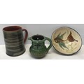 Branham pottery Barum Devon puzzle jug with verse 9.5cms h, Wold Pottery mug 13cms h  and a studio p... 