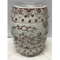 A Chinese pottery barrel stool with decorative panels of gentlemen playing a board game. Approx. 43.... 