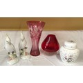 A mixed selection to include a cranberry glass goblet 20cms h, a cut glass vase 30cms h, a  pair of ... 