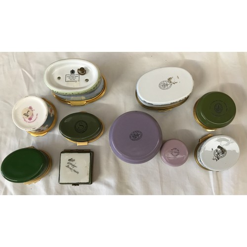 24 - A collection of pill/patch boxes: one Bilston, one Limoges, one Royal Worcester, one musical Halcyon... 