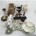 A mixed lot of pottery to include Hummel figures, creamware vase 28cms h, Susie Cooper plate 25cms d... 
