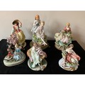 Six Capodimonte  porcelain figurines, one with brass base unmarked.