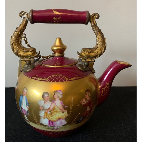 42 - A fine quality Royal Vienna hand painted porcelain teapot, signed Tanz & Werberg with metal dragon h... 