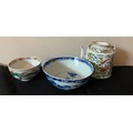 Three 19thC Chinese items to include famille rose teapot and bowl and a blue and white bowl. Blue an... 