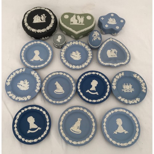 69 - A collection of 15 Wedgewood Jasper ware  to include trinket boxes, pill boxes, pin dishes and ash t... 