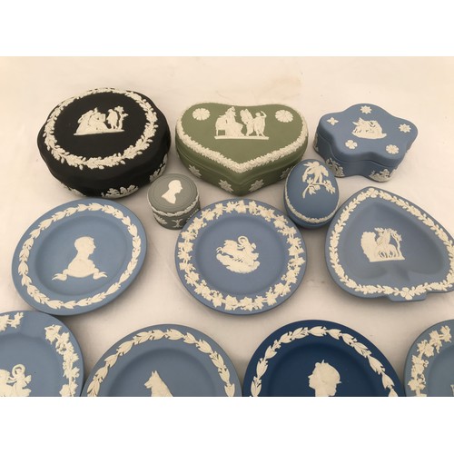 69 - A collection of 15 Wedgewood Jasper ware  to include trinket boxes, pill boxes, pin dishes and ash t... 