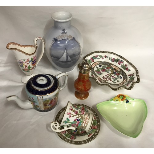 77 - A mixed lot of pottery to include a Royal Copenhagen vase 17cms, Coalport Indian Tree cup and saucer... 