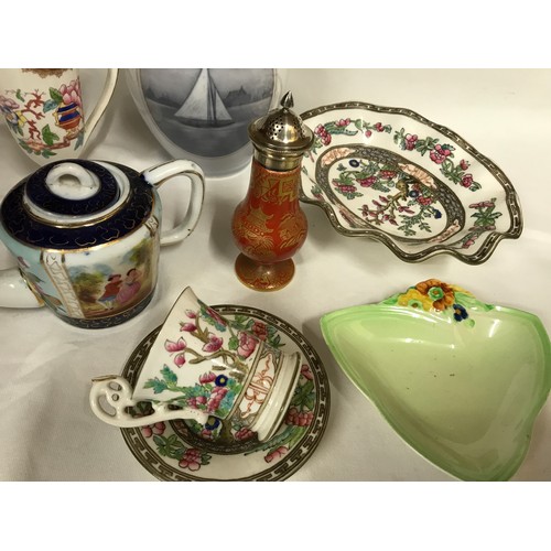 77 - A mixed lot of pottery to include a Royal Copenhagen vase 17cms, Coalport Indian Tree cup and saucer... 