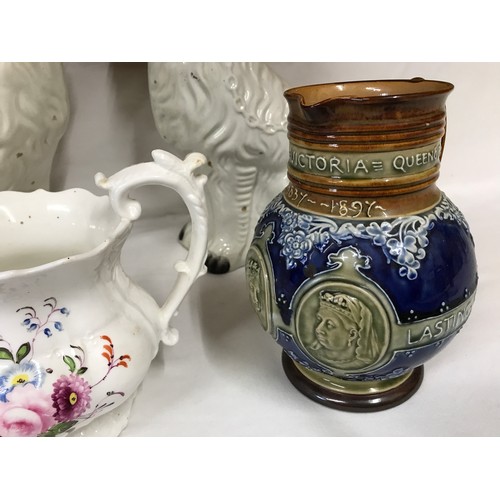 80 - A selection of pottery to include a Doulton Lambeth Queen Victoria 60 year commemorative jug 18.5cms... 