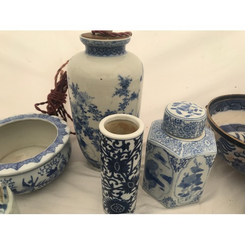 84 - A blue and white pottery selection comprising Chinese table lamp 26cms h, hexagonal ginger jar 17cms... 