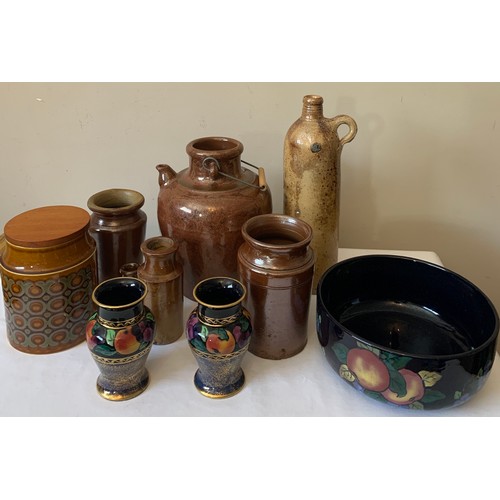 96 - Six various brown glazed pots, three pieces of Royal Stanley pottery to include a bowl and 2 vases a... 