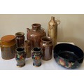 Six various brown glazed pots, three pieces of Royal Stanley pottery to include a bowl and 2 vases a... 