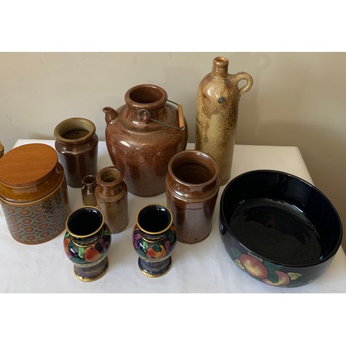 96 - Six various brown glazed pots, three pieces of Royal Stanley pottery to include a bowl and 2 vases a... 