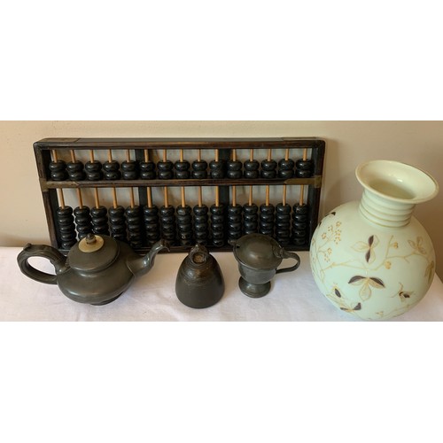 97 - A miscellany to include pewter teapot by Wolstenholme Sheffield, ceramic lined mustard pot, metal we... 